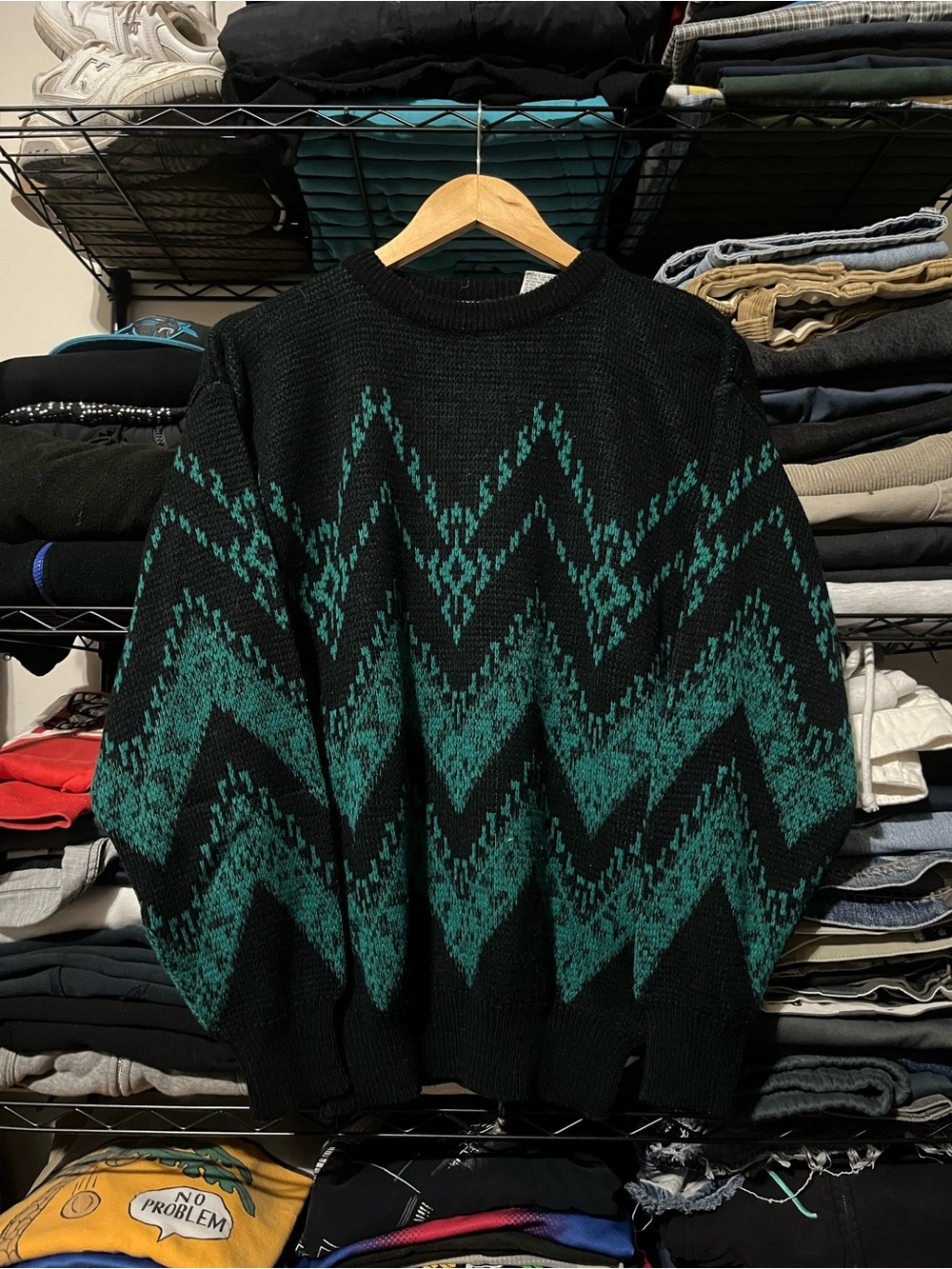 Men's Black Crewneck Sweater with Teal Zigzag Pattern